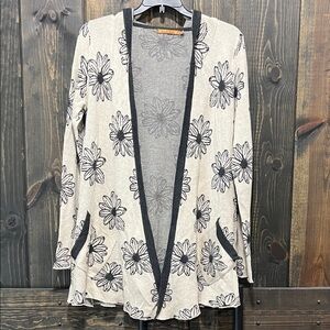 Belldini Hooded Cardigan M Cream Black Floral‎ Boho Open Pockets Viscose Stretch